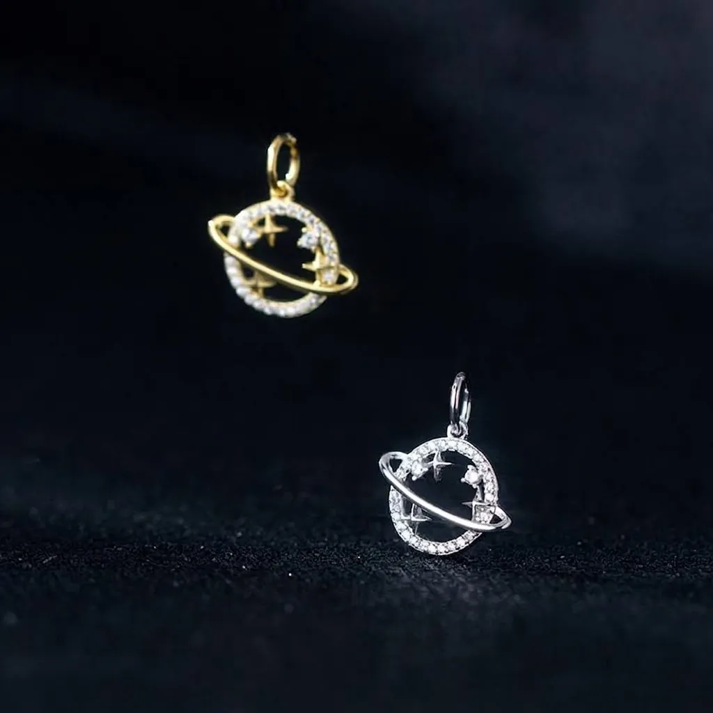925 Sterling Silver Planet Pendant Micro-inlaid Rhinestone Saturn Charm DIY Jewelry Making Accessory Gold Platinum Plated Celestial Jewelry Gift