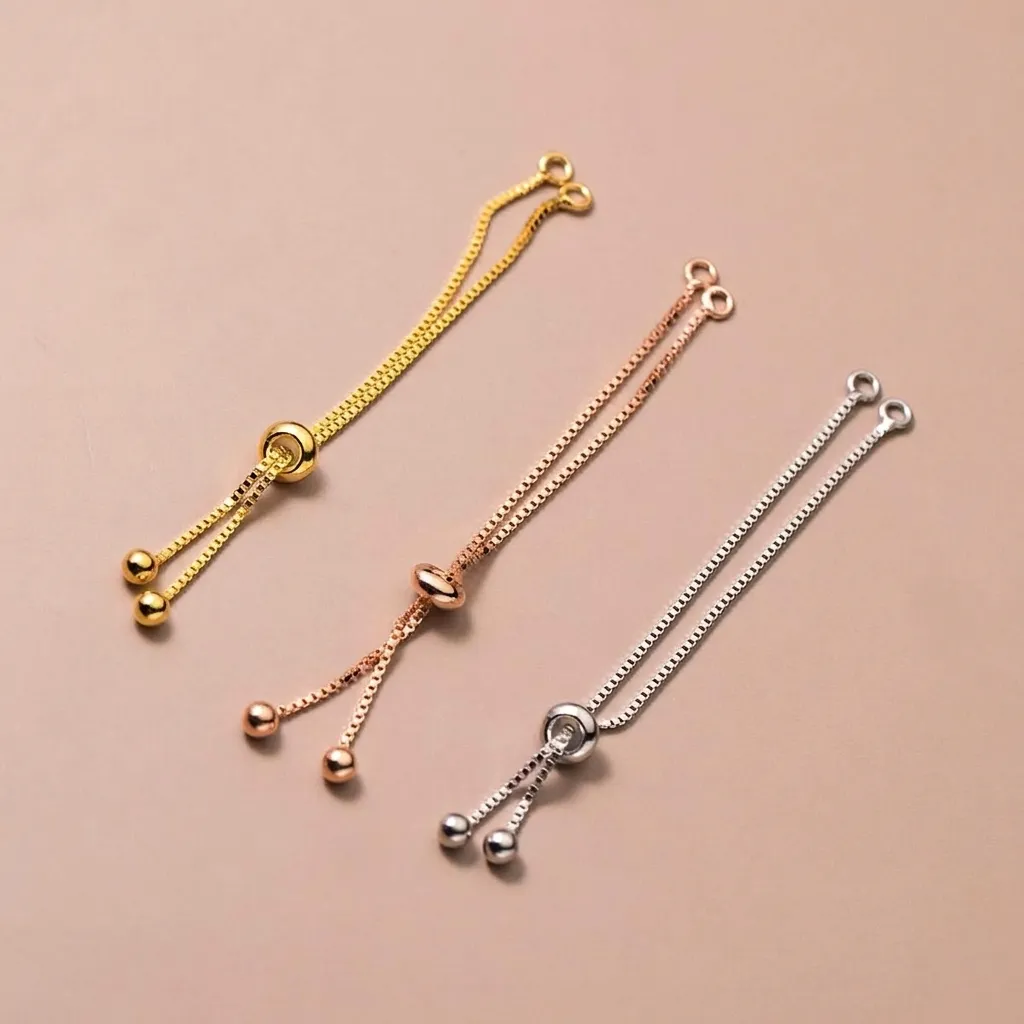 925 Sterling Silver Adjustable Box Chain Extension Tail Chain With Silicone Slider Bead For DIY Jewelry Making Accessories