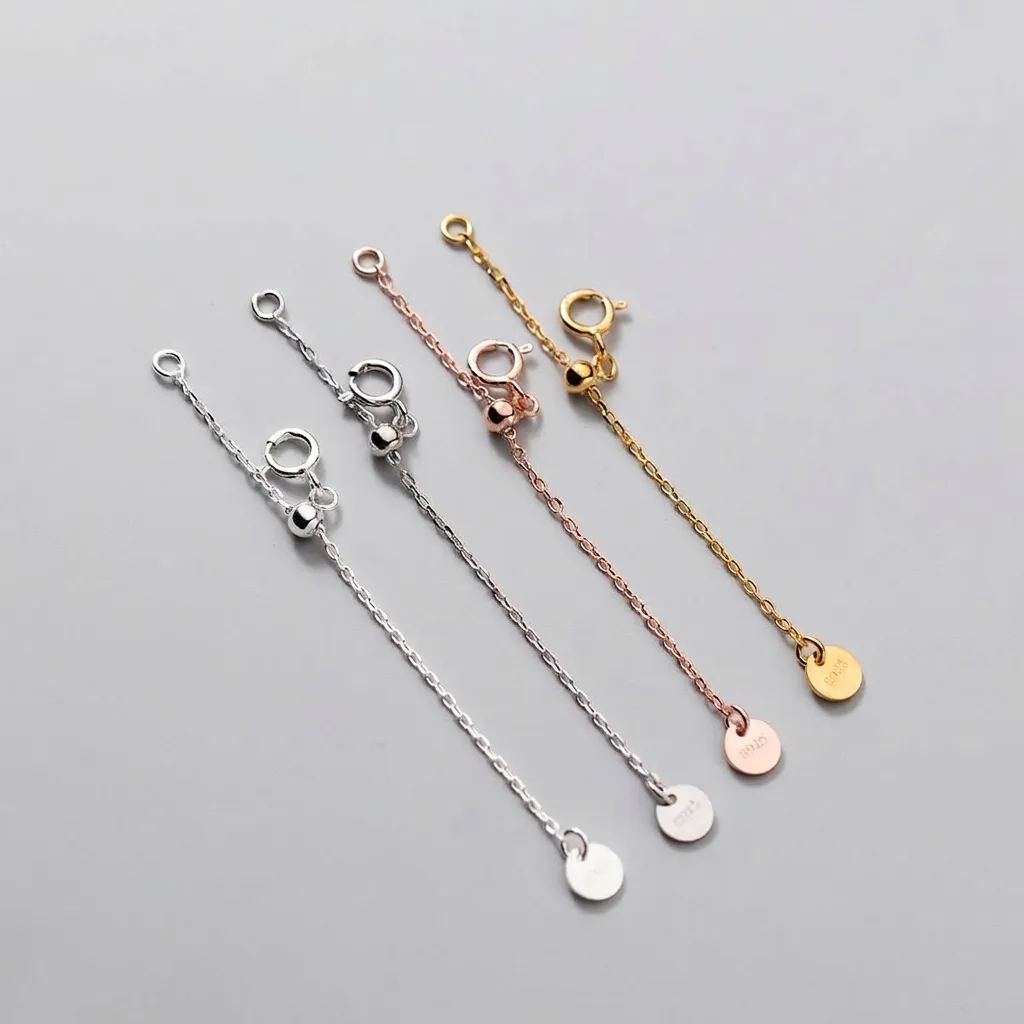 S925 Sterling Silver Extension Chain With Silicone Slider Bead Spring Clasp For DIY Bracelet Necklace Jewelry Making Tail Chain Accessory
