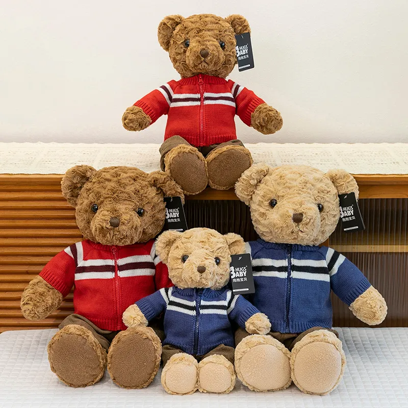 Cute Teddy Bear Plush Toy With Knitted Cardigan Stripe Clothes Soft Stuffed Animal Bear Doll Birthday Gift For Kids Girlfriend
