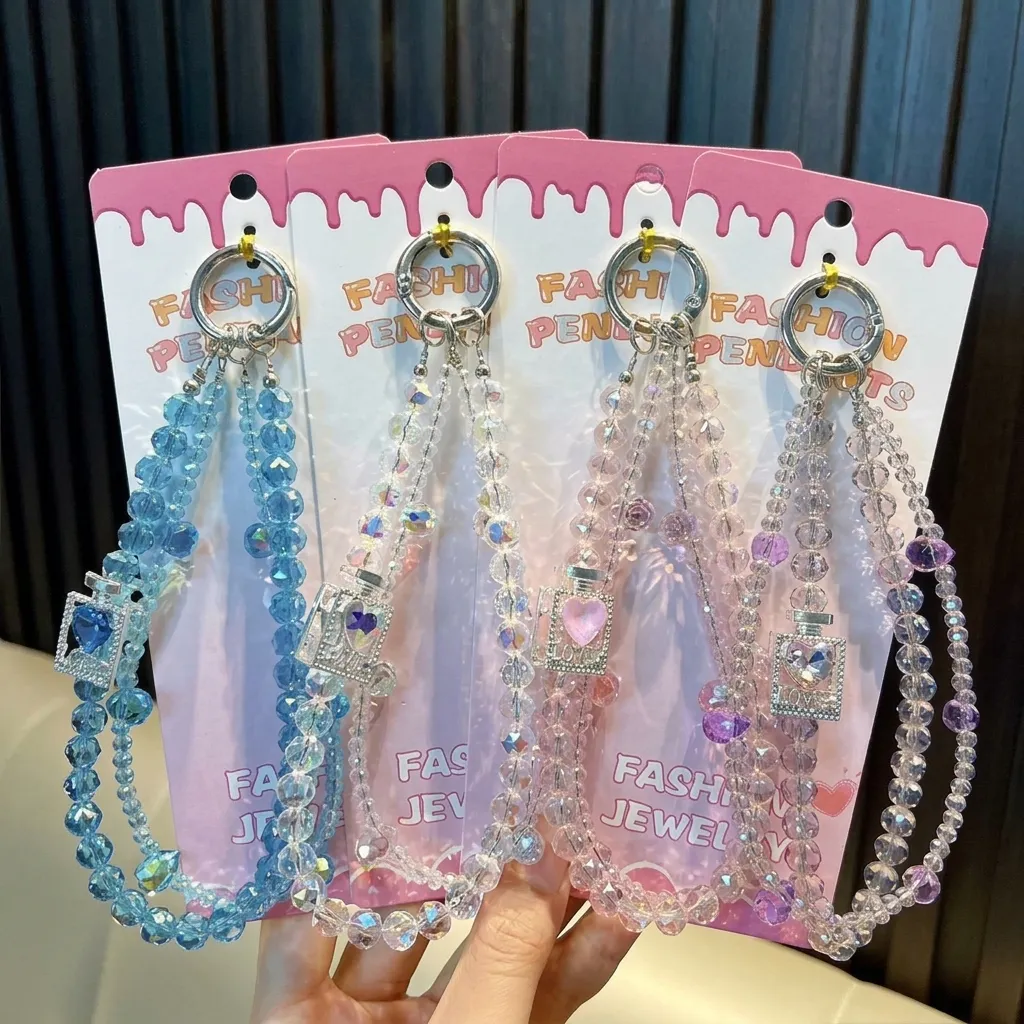 Crystal Beaded Phone Chain With Perfume Bottle Pendant Heart Double Chain Keychain Bag Charm Gift For Women Girl