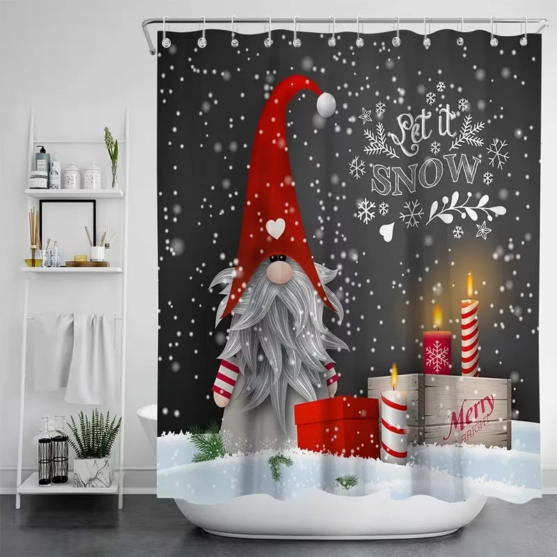 Weihnachten Duschvorhang Weihnachtsmann Schneeszene Kiefer Druck Wasserdicht Polyester Badezimmer Dekor Vorhang Festlicher Stil