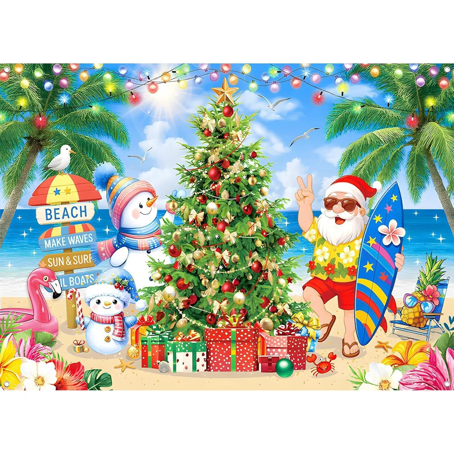 Kerstmis In Juli Achtergrond Zomer Strand Tropisch Kerstman Sneeuwpop Fotografie Achtergrond Vakantie Feest Decoratie Banner