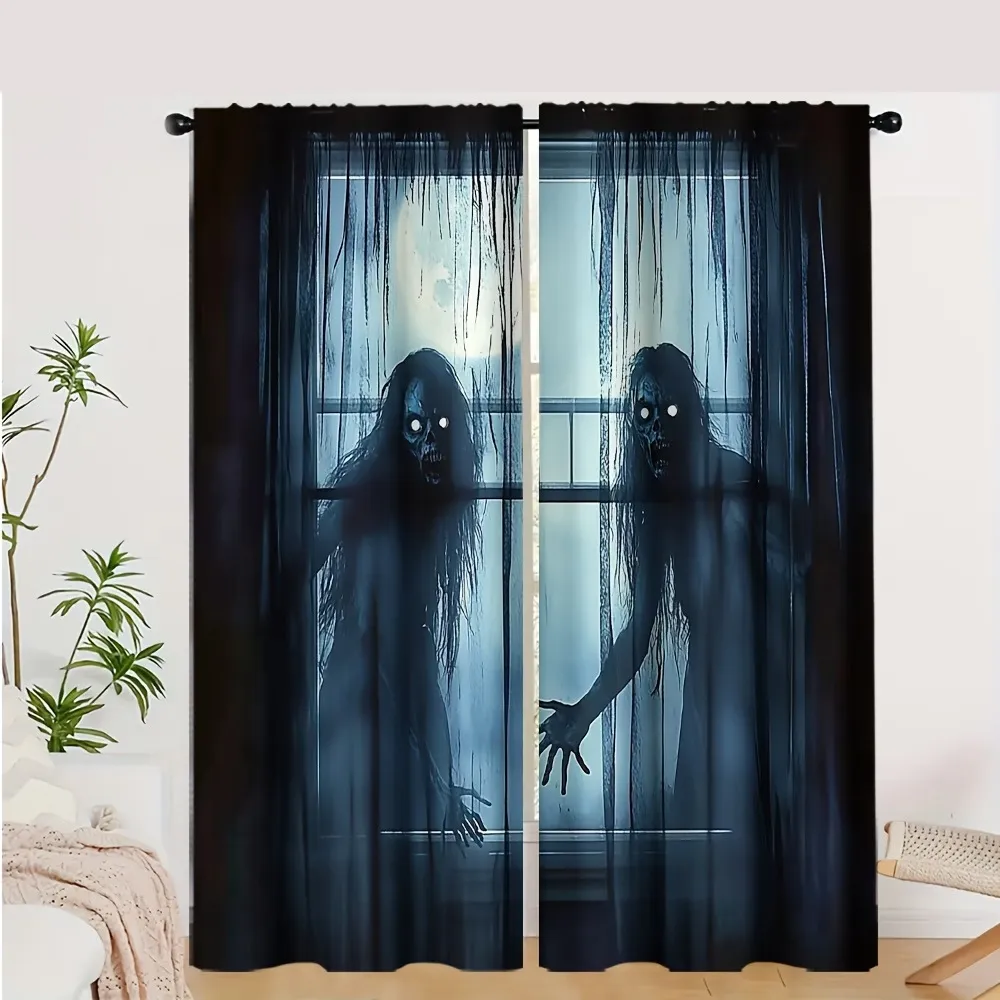 Halloween Theme Digital Printed Curtains Polyester Spooky Ghost Pumpkin Pattern Window Curtains For Living Room Bedroom Holiday Decoration