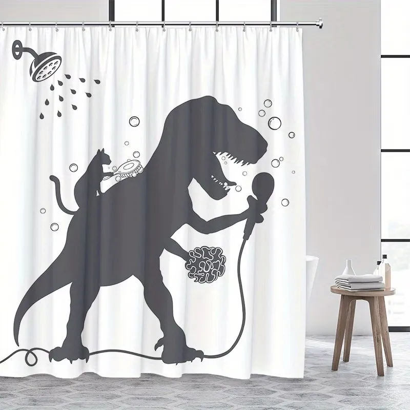 Lustiger Dinosauriër Katze Druck Duschvorhang Wasserdicht Polyester Badezimmer Trennvorhang Mit Haken Kreatives Tier Bad Dekor
