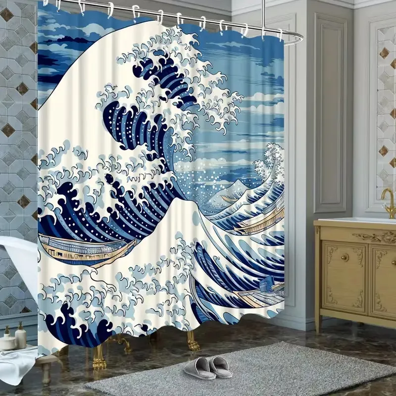 Duschvorhang Mit Japanischem Wellendruck Wasserdichter Polyester Badezimmerdekor Mit Haken Blau Weiß Große Welle Kunststil