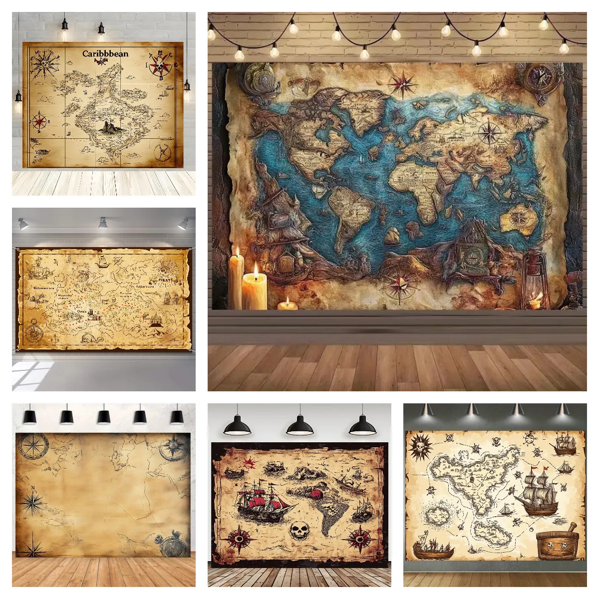 Toile de Fond Carte au Trésor de Pirate Nautique Vintage Tissu en Polyester Tenture Murale Fond de Photographie Pour Décoration de Fête d'Anniversaire d'Enfants