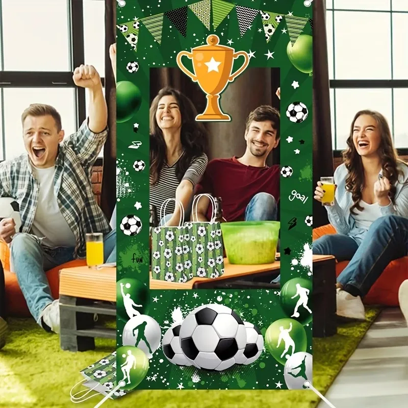 Soccer Theme Party Backdrop Football Trophy Pattern Photo Booth Prop Polyester Sports Event Decoration Background Cloth
