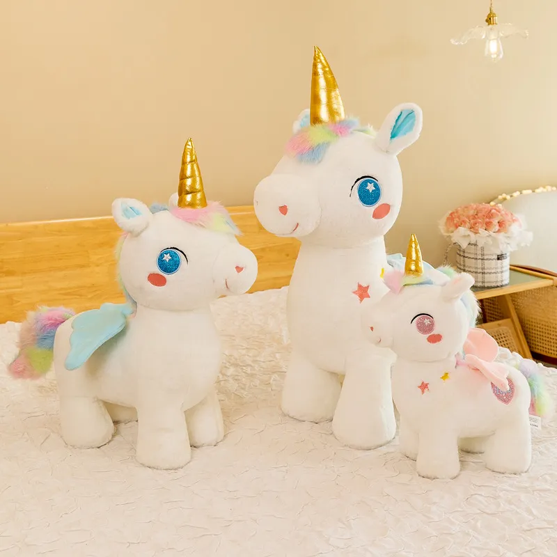Giocattolo di Peluche Unicorno da Sogno Animale di Peluche Morbido Criniera Arcobaleno Corno d'Oro Ali Cuscino Regalo di Compleanno Bambine Bambini