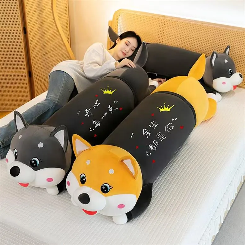 Husky Shiba Inu Long Plush Pillow Cartoon Dog Stuffed Animal Soft Cylindrical Sleeping Cushion For Bedroom Bed Decor Gift