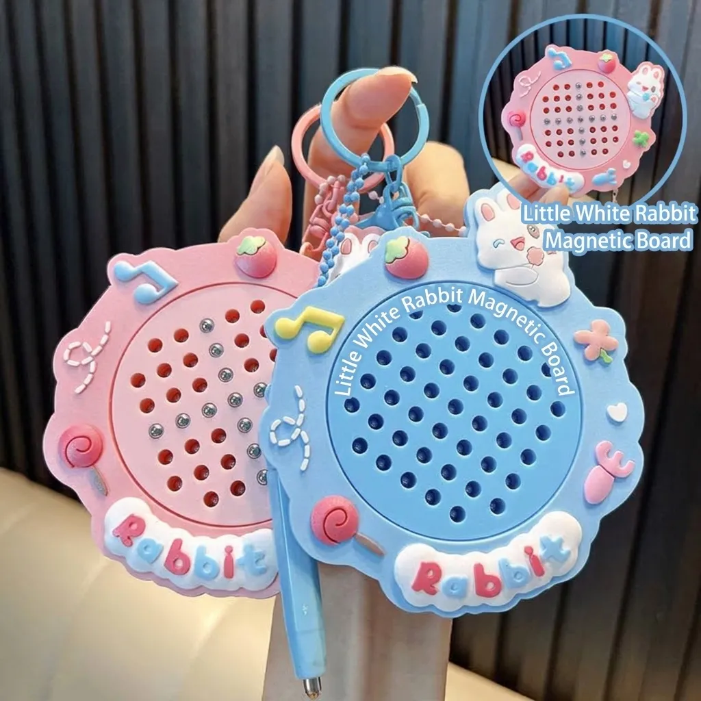 Cute Bunny Magnetic Drawing Board Keychain Acrylic Cartoon Decompression Toy Bag Charm Gift Portable Mini Board Pendant