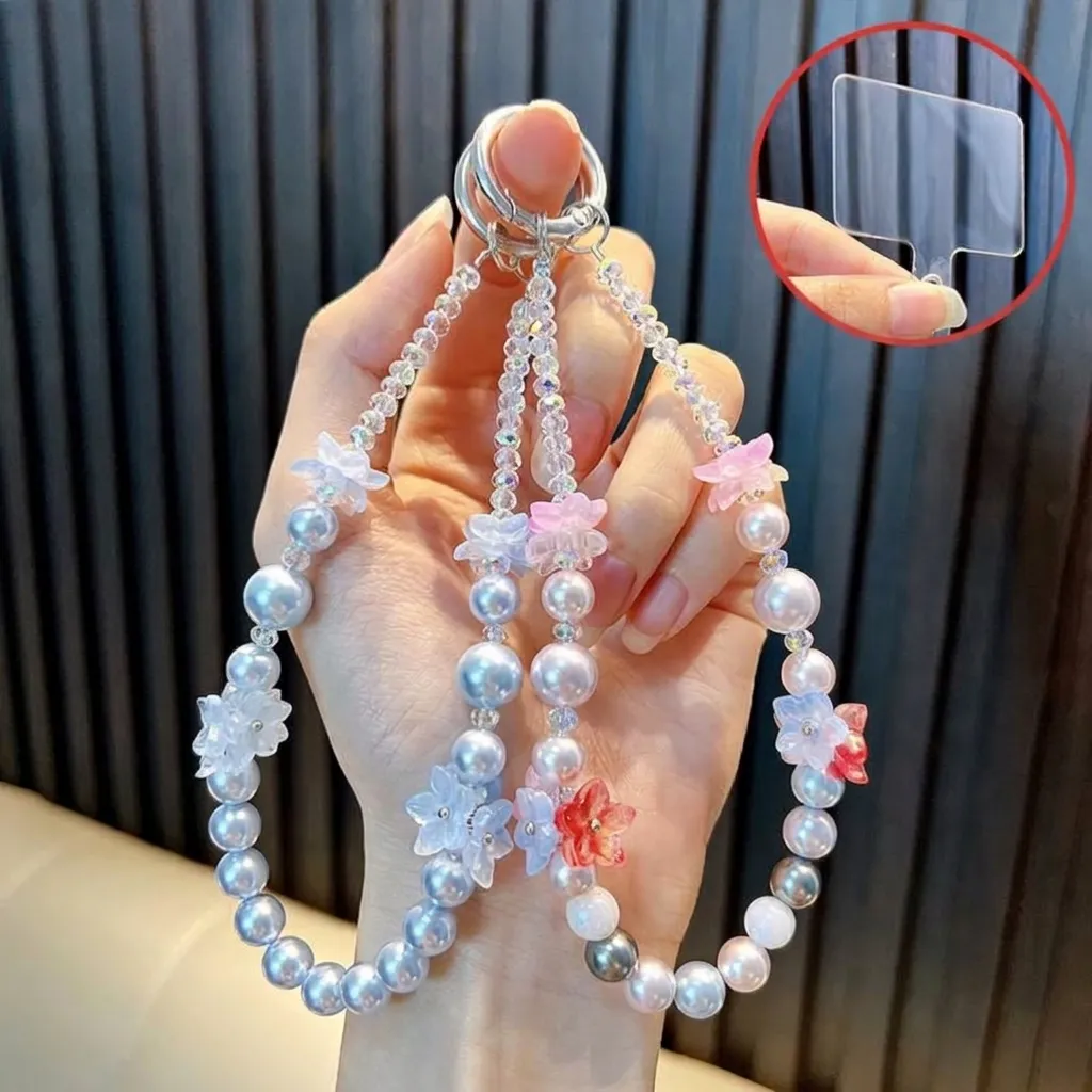 Handmade Beaded Flower Phone Lanyard Wrist Strap Sweet Acrylic Artificial Pearl Mobile Phone Case Charm Keychain For Women