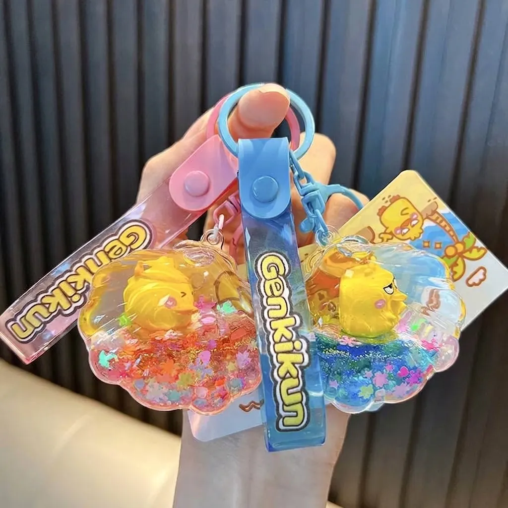 Cartoon Kleine Gelbe Ente Muschelform Acryl Schlüsselanhänger Ölgefüllter Treibsand Tasche Anhänger Dekoratives Accessoire Geschenk