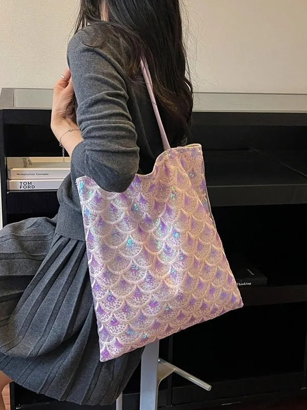 Women Geometric Sequin Embroidery Shoulder Bag Fashionable Large Capacity Underarm Bag For University Student Daily Casual Tote