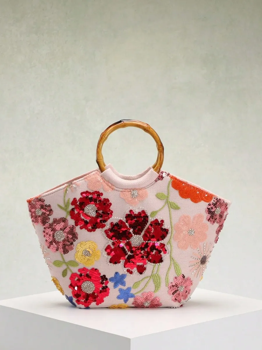 Damen Strandurlaub Stil Tote Bag Blumenstickerei Pailletten Bambusgriff Elegante Strand Applikation Handtasche