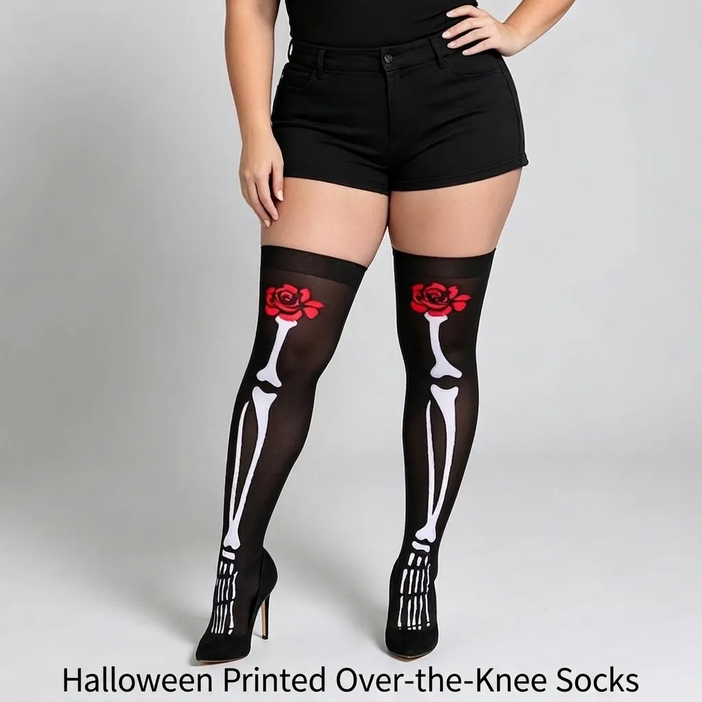 Calcetines Sobre la Rodilla con Esqueleto de Halloween Mangas de Telaraña Guantes Largos Góticos Accesorios de Disfraz Mujer