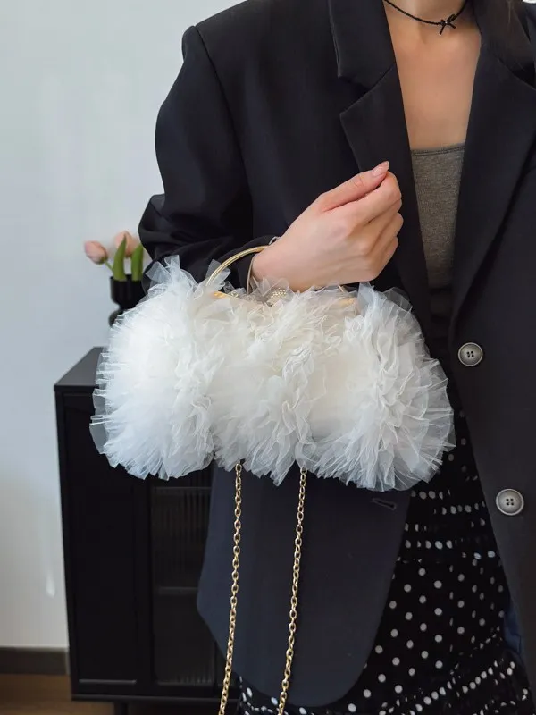 Elegant Sweet Lace Mesh Pleated Evening Bag Handbag Crystal Lock Buckle Pearl Decor Wedding Bridal Handbag Dinner Metal Top Handle Clutch Bag With Detachable Chain Strap For Women