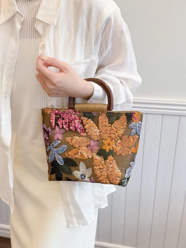 Borsa Tote da Donna in Stile Cinese in Lino con Ricamo di Paillettes Floreali Retrò Letteraria Grande Capacità Con Manico in Bambù