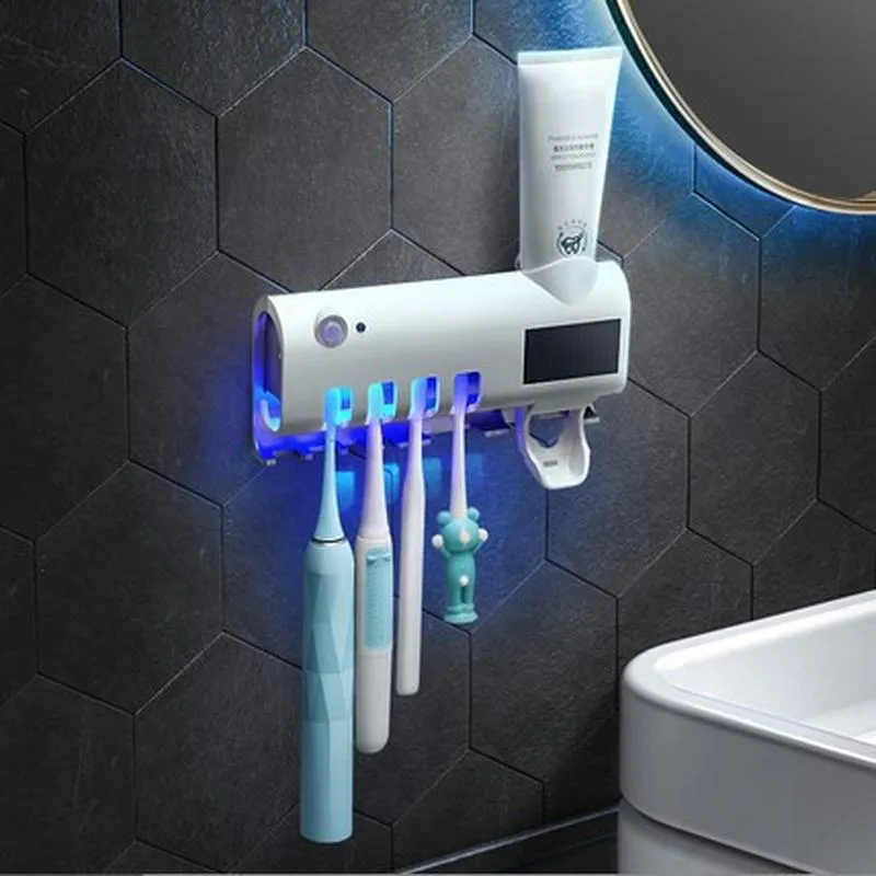 Smart UV Toothbrush Sterilizer Automatic Toothpaste Dispenser Wall Mounted Solar Powered Induction Toothbrush Holder Bathroom Storage Organizer