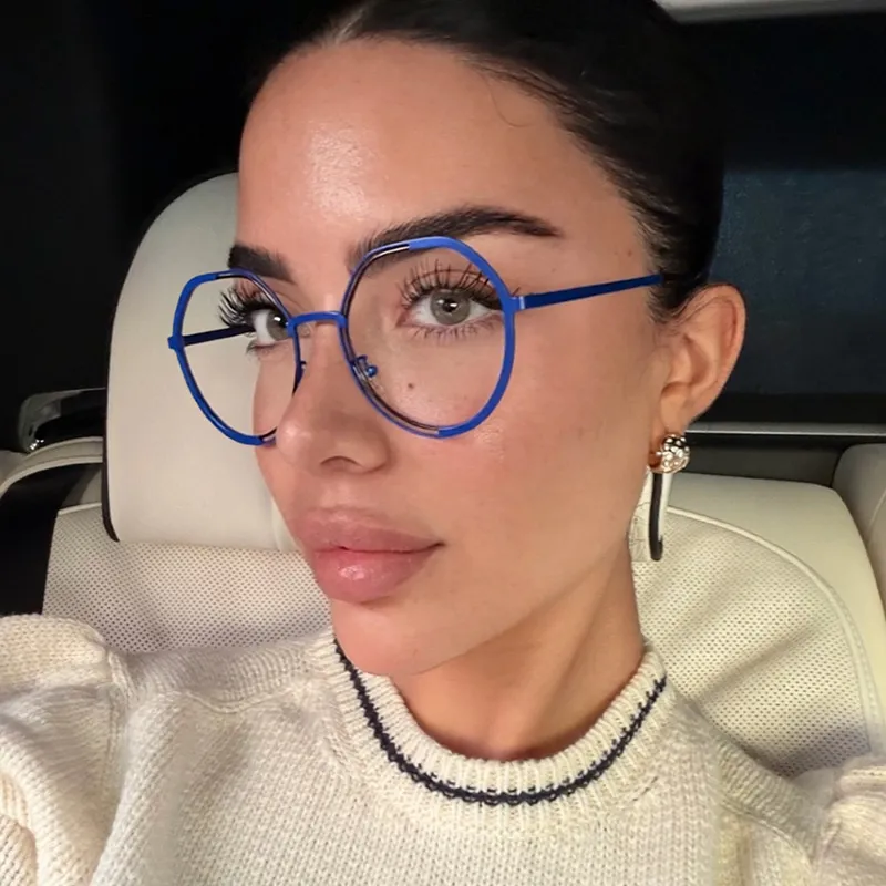Women Oversized Round Anti-Blue Light Glasses Retro Metal Frame Geometric Optical Eyeglasses Frame Fashion Plano Glasses