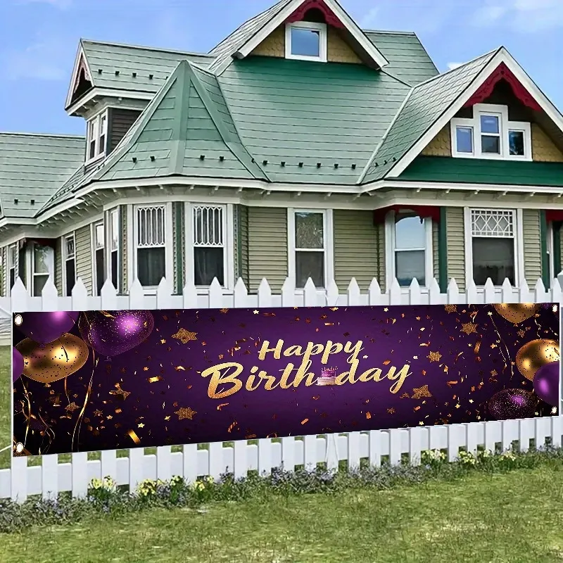 Luxurious Purple Gold Happy Birthday Banner Decoration With Balloons Foil Stars Pattern Elegant Birthday Party Backdrop Banner