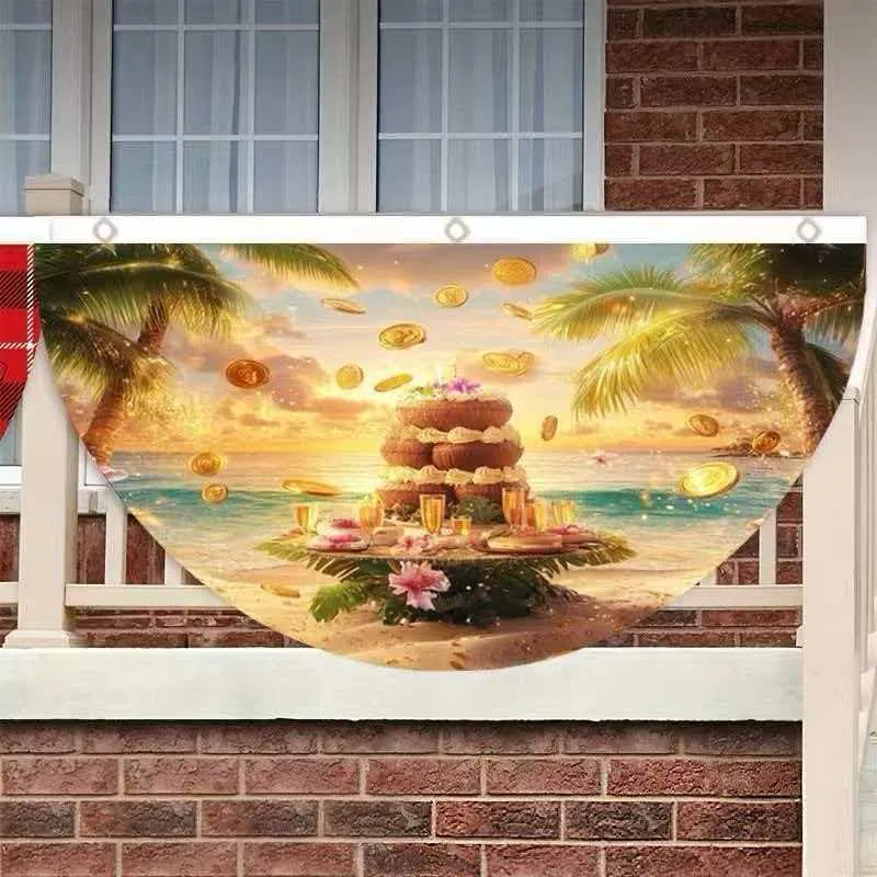 Sommer Strand Sonnenuntergang Fächerförmige Flagge Dekorative Banner Außen Garten Party Küsten Thema Polyester Wimpelkette Dekoration
