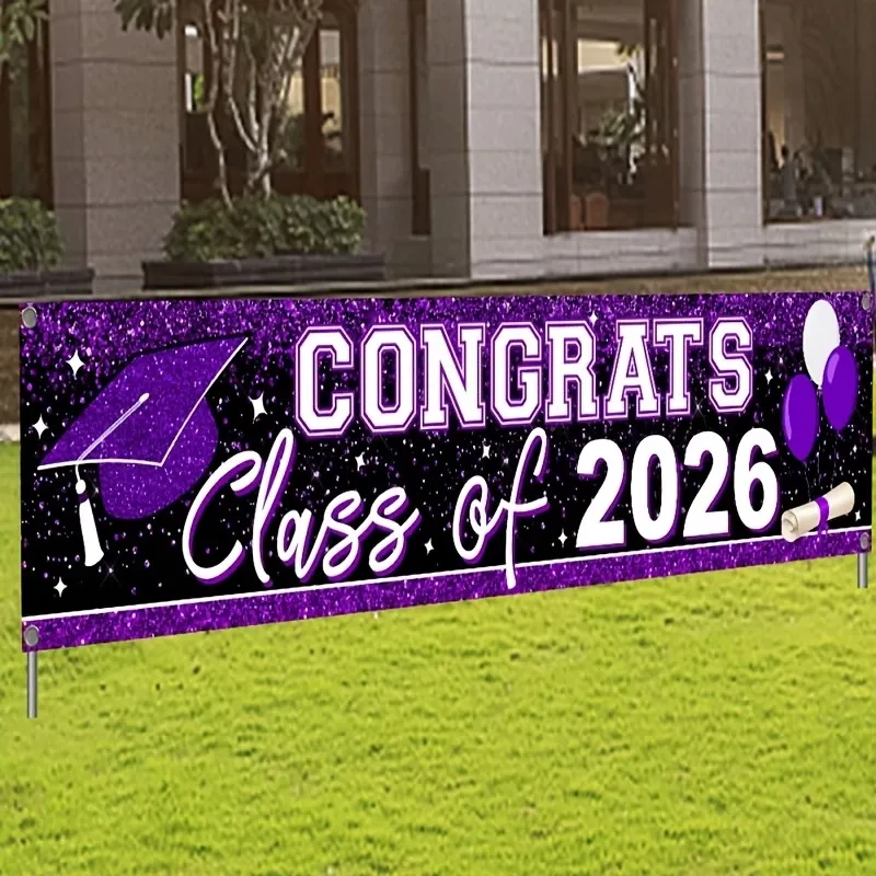 Congrats Class of 2026 Graduation Banner Backdrop Polyester Bachelor Cap Party Decorations School Graduation Event Hanging Cloth
