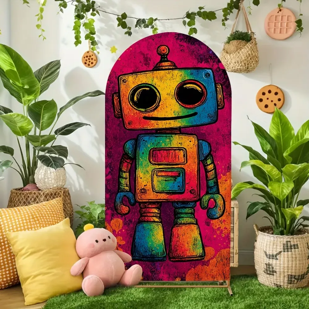 Arched Backdrop Rainbow Robot Doodle Style Party Decoration Arched Cover For Kids Birthday Event Background Prop