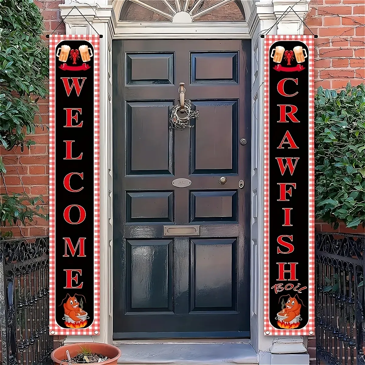 Crawfish Boil Porch Banner Gingham Lobster Outdoor Party Decoration Welcome Hanging Flag For Backyard BBQ Picnic Backyard