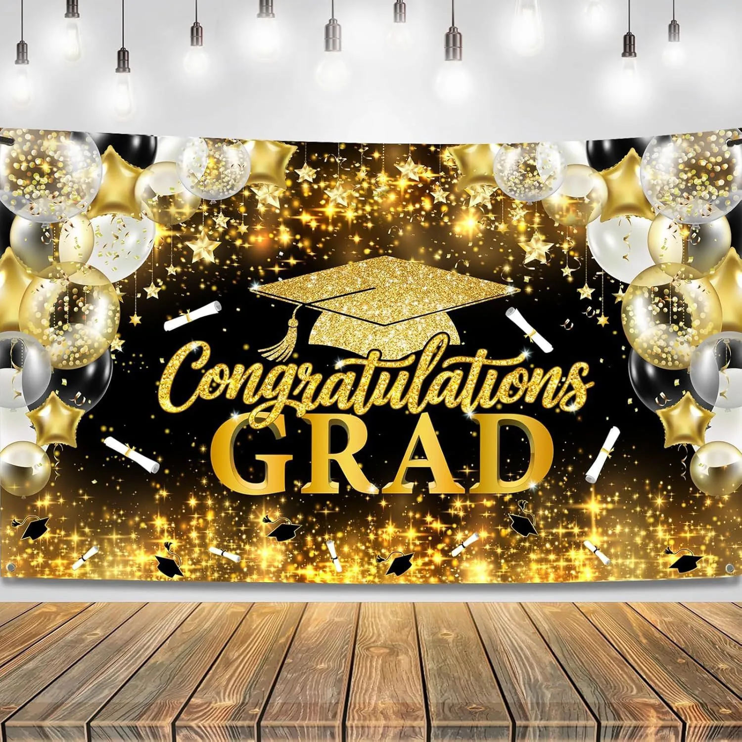 Luxury Black Gold Graduation Backdrop Congratulations Grad Balloon Cap Pattern Banner Graduation Party Photography Background Cloth