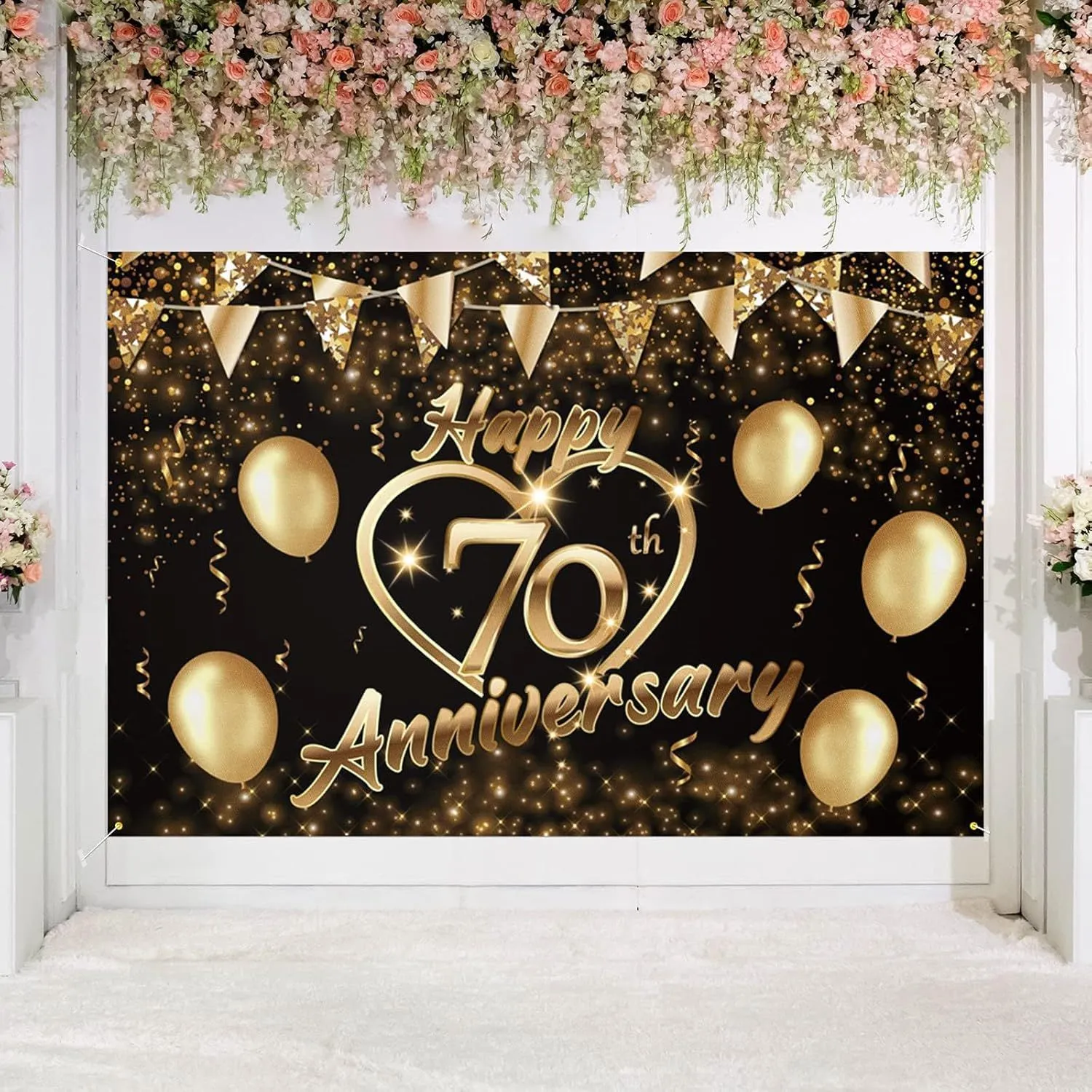 Black Gold 70th Anniversary Backdrop Cloth Polyester Pongee Heart Balloon Pattern Wedding Anniversary Party Decoration Banner Photo Prop