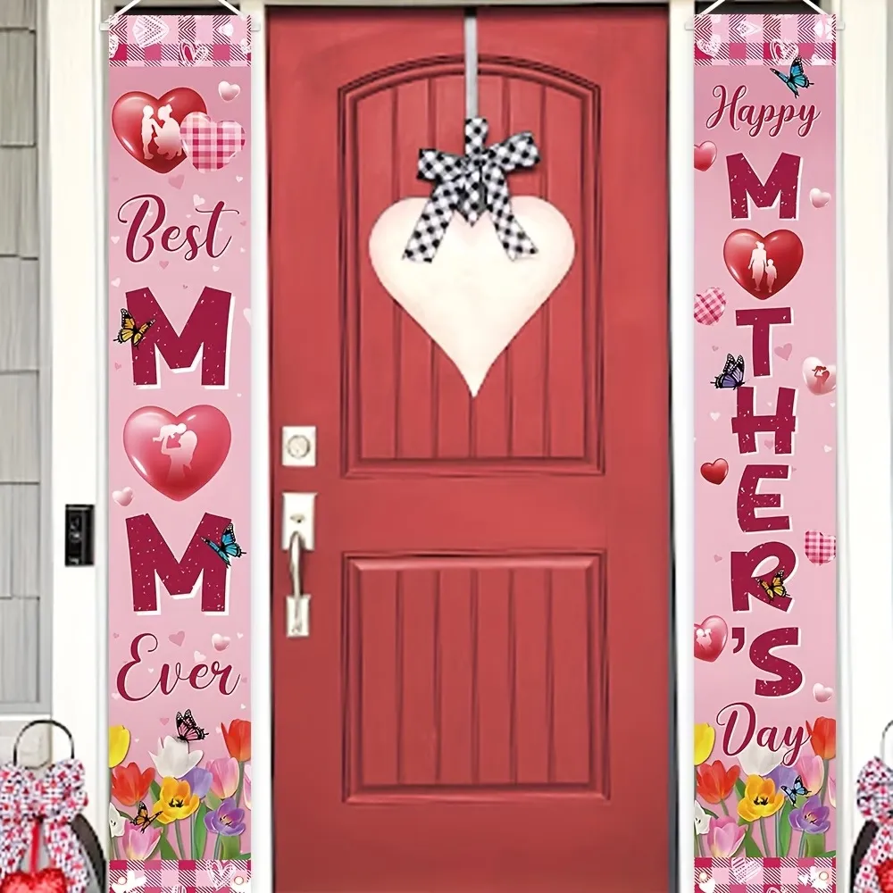 Muttertag Veranda Banner Set Best Mom Ever Happy Mother's Day Tulpe Schmetterling Muster Polyester Tür Spruchband Festliche Haus Deko Schild