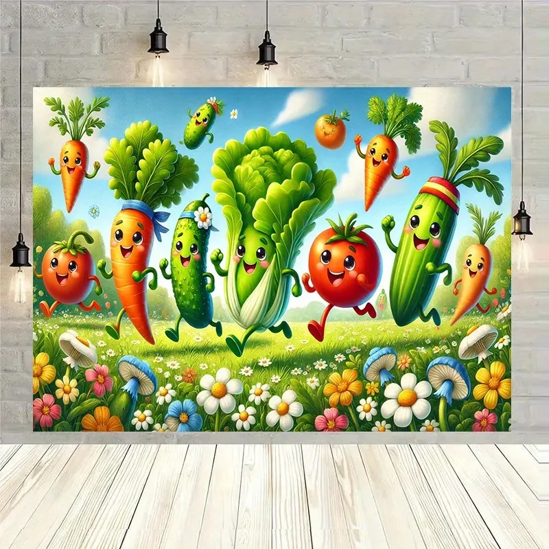 Vegetable Party Theme Photography Background Cloth Cartoon Carrot Tomato Pattern Polyester Tapestry For Kids Party School Decor