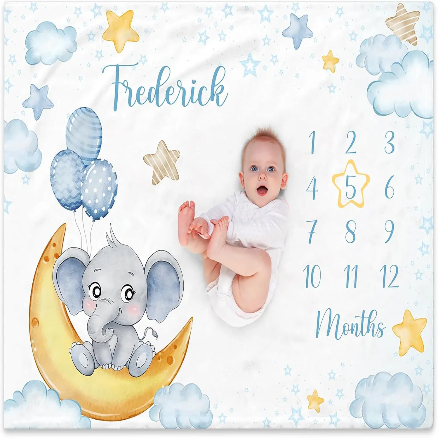 Polyester Baby Milestone Blanket Watercolor Elephant Moon Stars Balloon Pattern Infant Growth Commemorative Soft Blanket for Photography Prop Kids