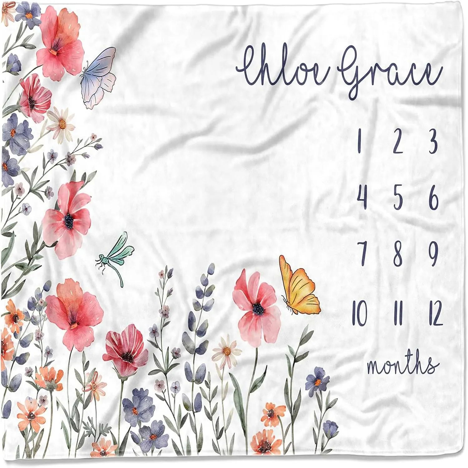 Watercolour Floral Milestone Baby Blanket Soft Polyester Peach Skin Growth Chart Monthly Recording Blanket Photography Prop For Newborn