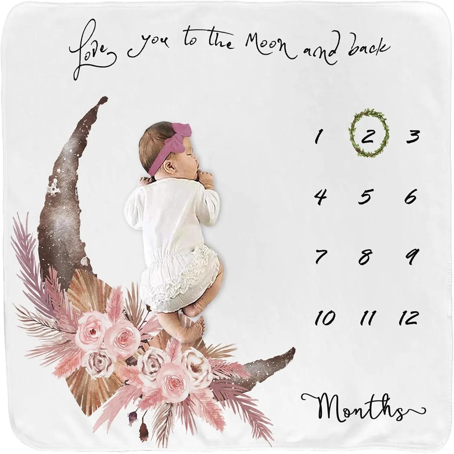 Baby Mädchen Meilensteindecke Monatliches Wachstum Fotografie Requisite Rosa Mond Floral Boho Design Weiche Pfirsichhaut Stoff Neugeborene Wickeldecke