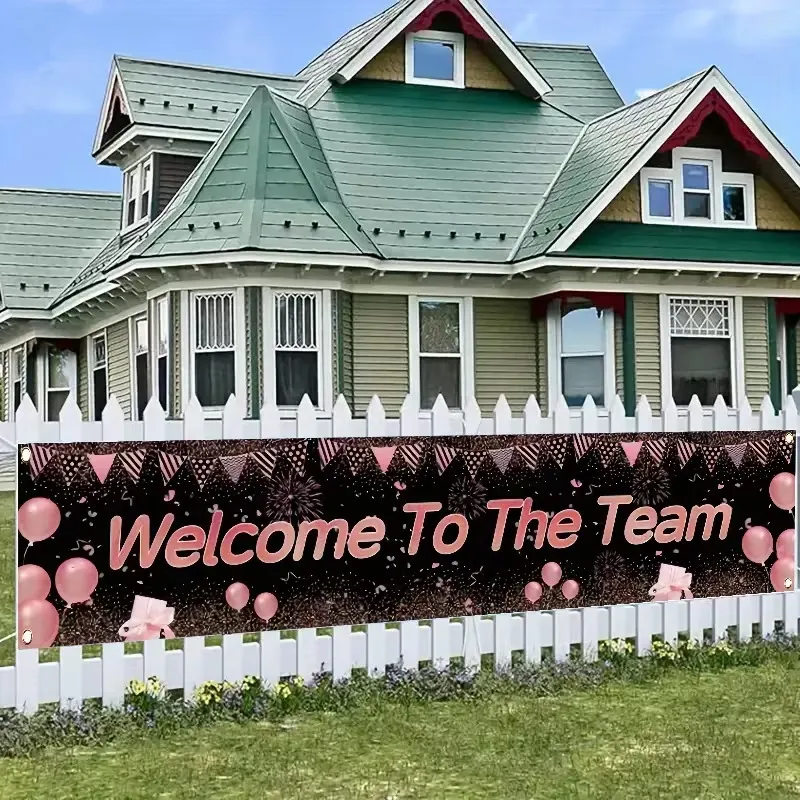 Welcome To The Team Banner Black Pink Theme Polyester Decoration Balloon Pennant Print Hanging Banner For Office School Welcome Party