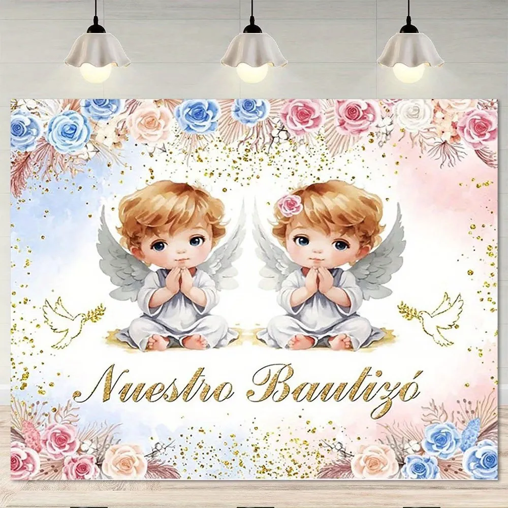 Bohemian Watercolor Floral Angel Baptism Backdrop Nuestro Bautizo Spanish Baby Photography Background Polyester Tapestry Party Decoration