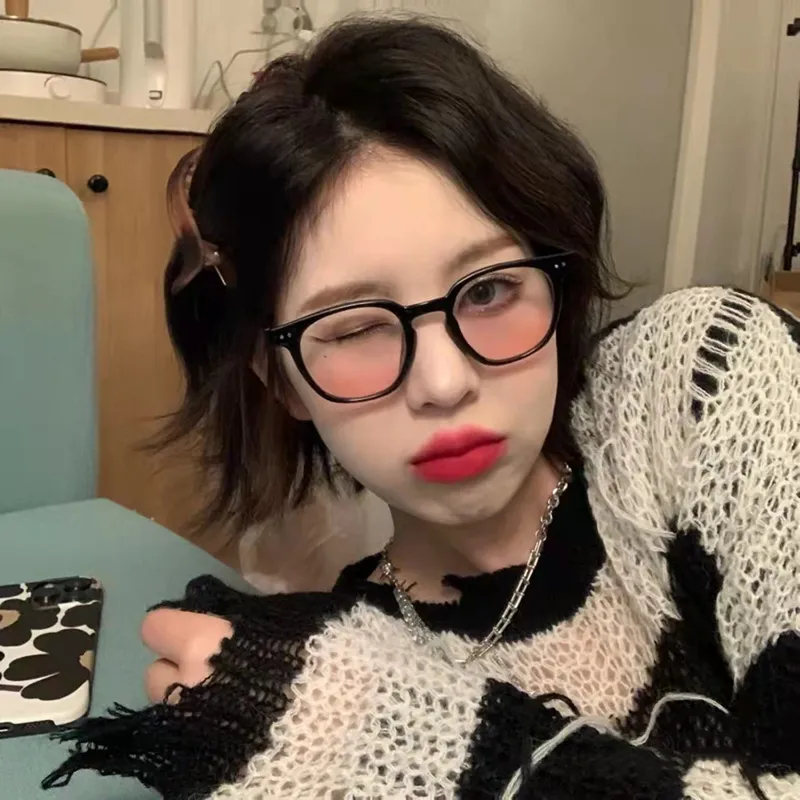 Fashion Retro Black Frame Blush Eyeglasses For Women Korean Style Oversized Round Optical Frame Anti-Blue Light Clear Lens Glasses