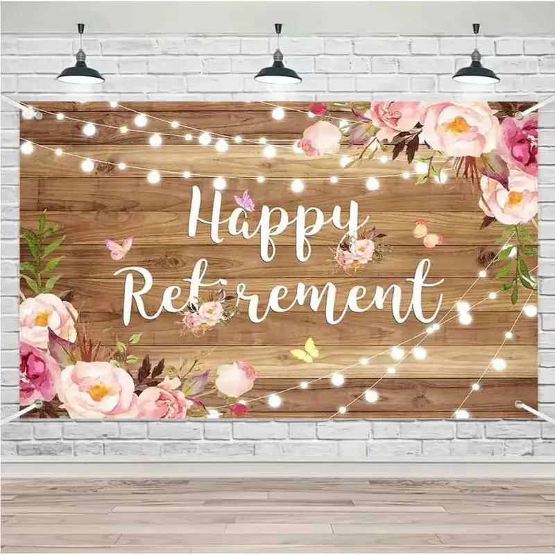 Vintage Wood Grain Floral Happy Retirement Photography Backdrop Polyester Flower Butterfly Retirement Party Decoration Backdrop