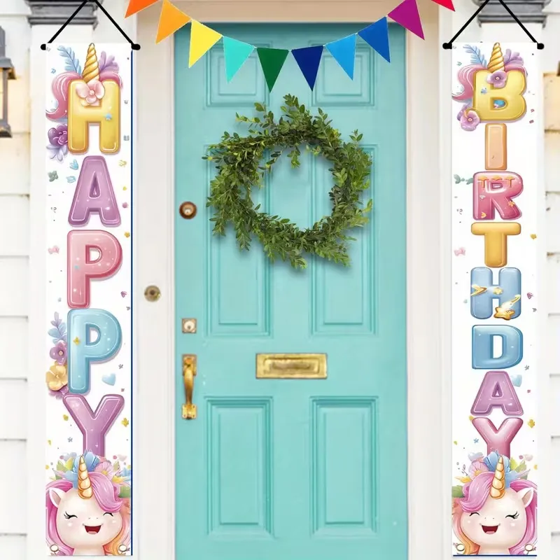 Einhorn Geburtstagsparty Veranda Banner Happy Birthday Tür Paar Für Kinder Cartoon Thema Hängende Dekor Dekoration Banner