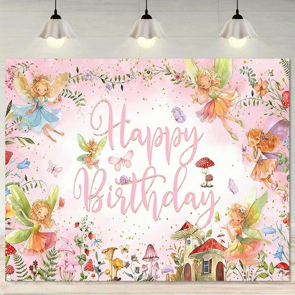 Fondo de Fotografía de Cumpleaños de Hada de las Flores Casa de Champiñones Mariposa Acuarela Rosa de Ensueño para Decoración de Fiesta de Cumpleaños de Niñas