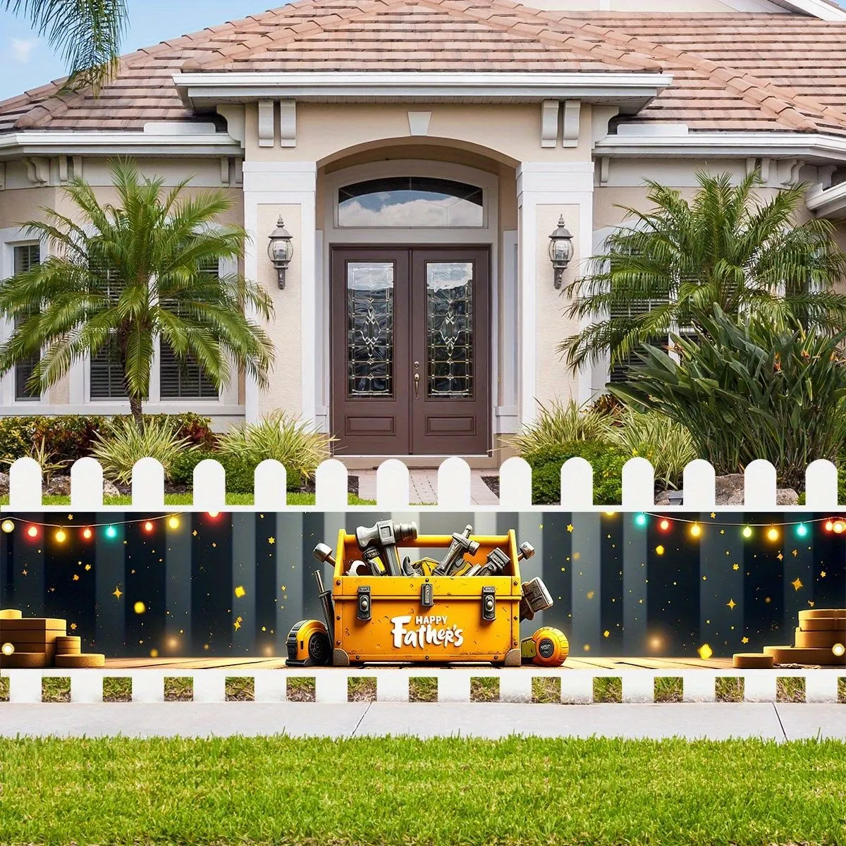 Fathers Day Banner Yellow Tool Box Print Outdoor Decoration Garden Fence Backdrop Polyester Hanging Banner For Party Decor