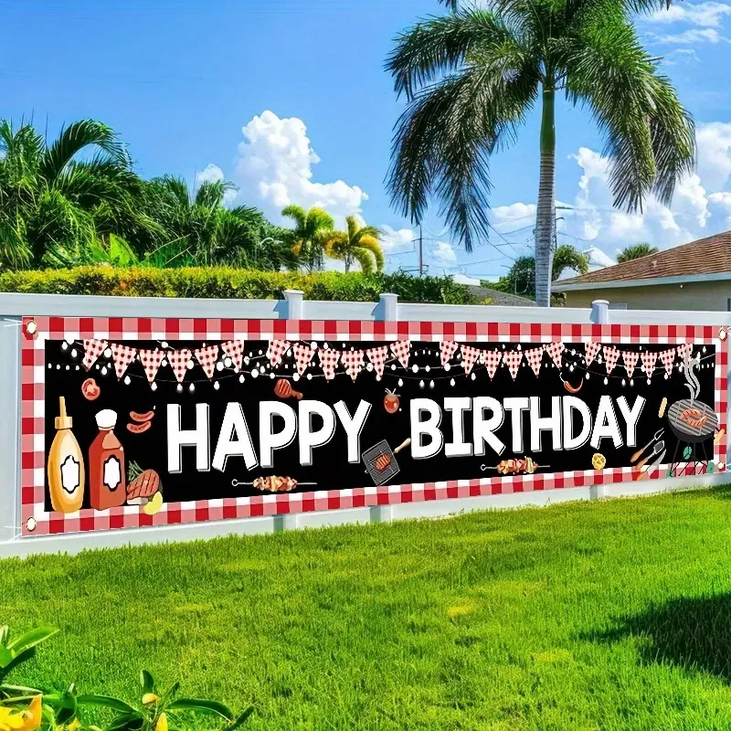 BBQ Theme Birthday Banner Red White Checkered Polyester Fabric Banner Outdoor Party Yard Fence Hanging Decoration Happy Birthday Backdrop