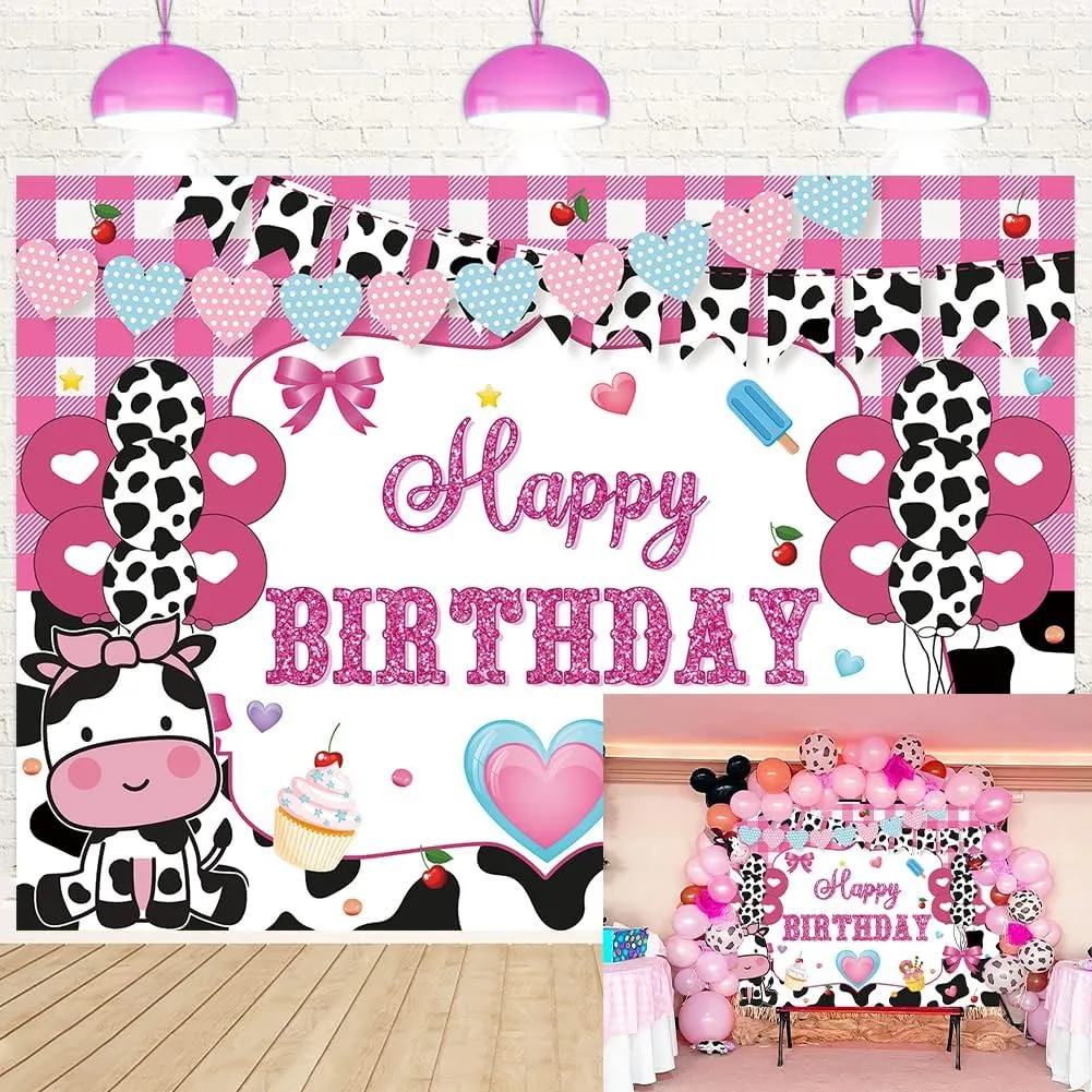 Pink Cow Print Birthday Backdrop For Girls Sweet Cool Style Happy Birthday Photography Background Polyester Party Decoration Banner