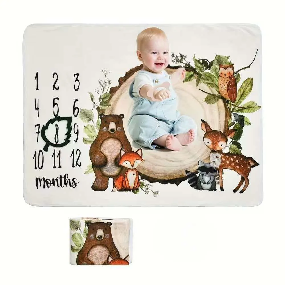 Baby Milestone Blanket Cartoon Animal Print Growth Memorial Blanket Polyester Soft Infant Photo Prop Flannel Background