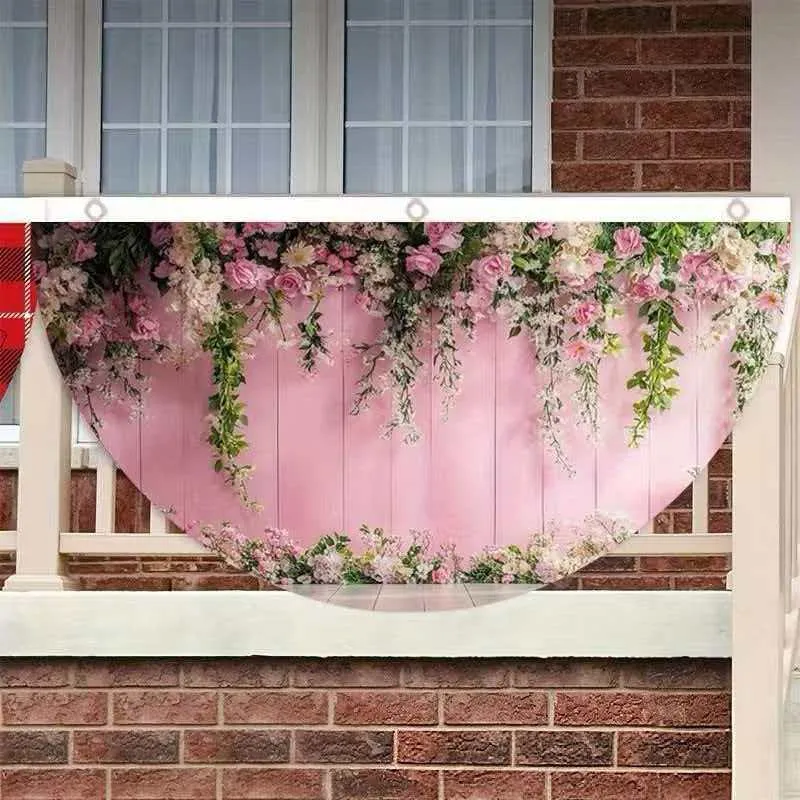 Bandiera a Forma di Ventaglio Venatura del Legno Rosa Stampa Floreale Decorazione in Poliestere Per Matrimonio Giardino