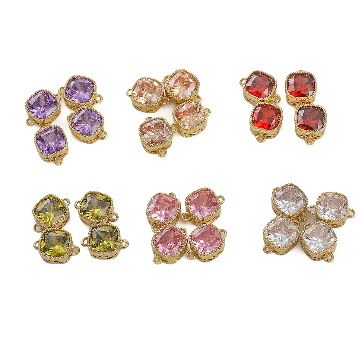 14K Gold Plated Copper Square Colorful Zirconia Double Bail Pendant For DIY Bracelet Necklace Jewelry Making Finding Women