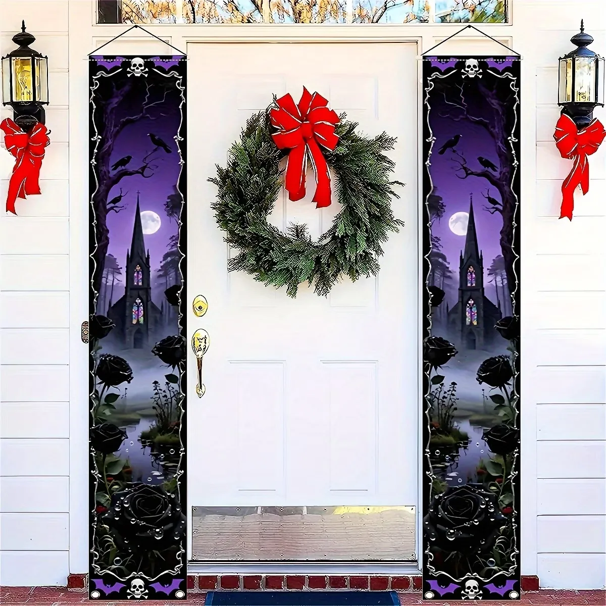 Dark Gothic Porch Banner Halloween Castle Crow Skull Pattern Pongee Door Couplet Set Outdoor Hanging Flag Decoration