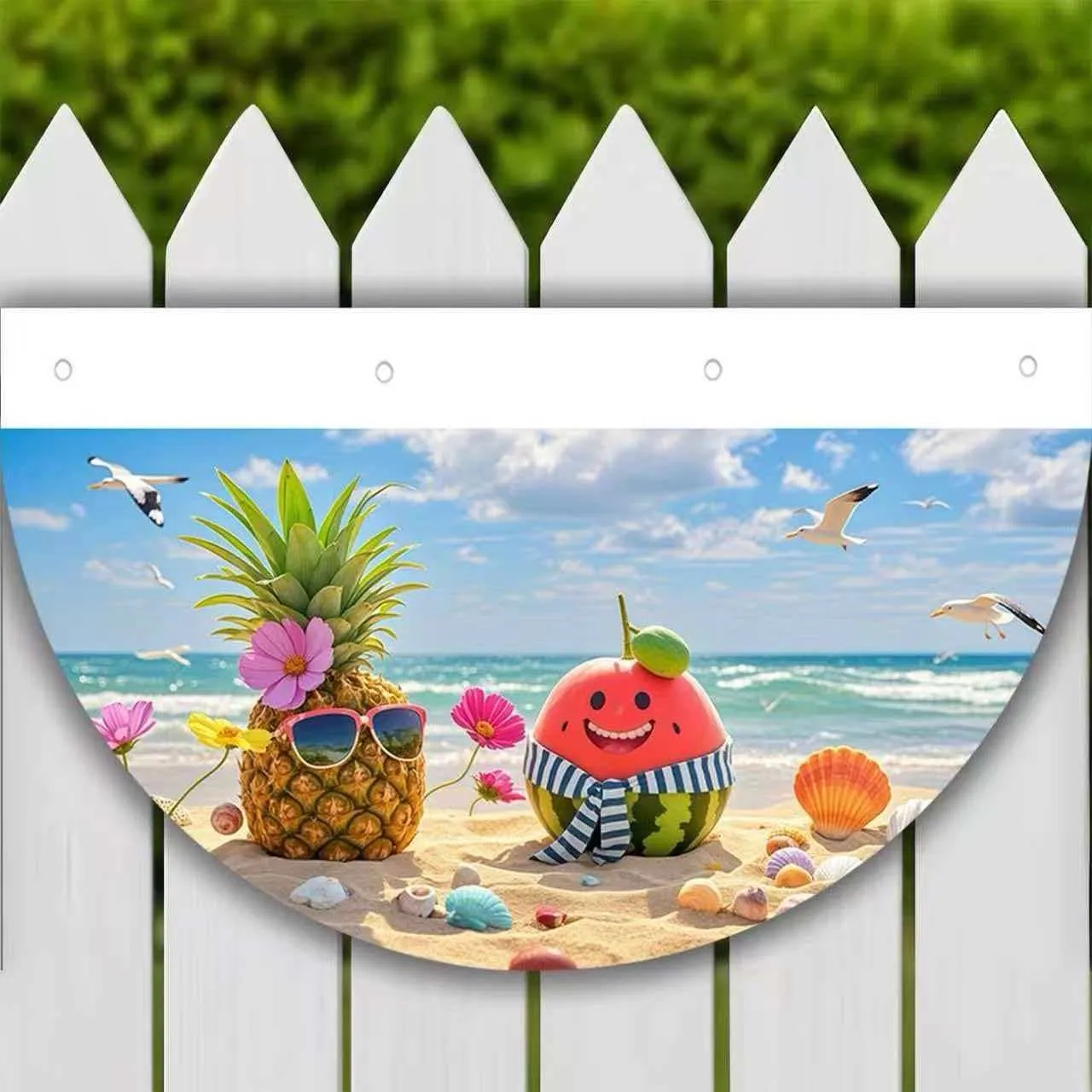 Summer Fruit Beach Theme Half Circle Fan Flag Cartoon Pineapple Watermelon Bunting Banner For Garden Fence Party Decoration Kids Hanging Flag